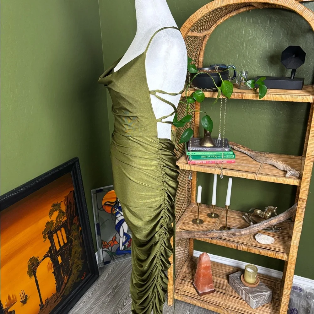 Olive Green Ruched Satin Slip Dress - Picture 3 of 4